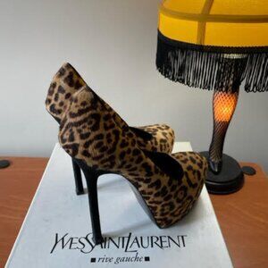37.5 Auth Yves Saint Laurent Brown Leopard Calf Hair Tribute Tribtoo Heels Pump